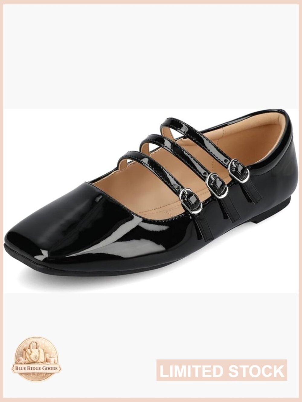 Mary Jane Square Toe Flats with Arch Support, Vegan Leather, Buckle Closure